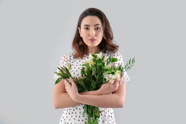 Young Woman Dress Alstroemeria Flowers Grey Background — Foto de Stock