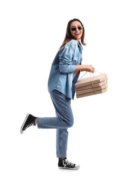 Young Woman Sunglasses Cardboard Boxes Pizza White Background — Stock Photo, Image