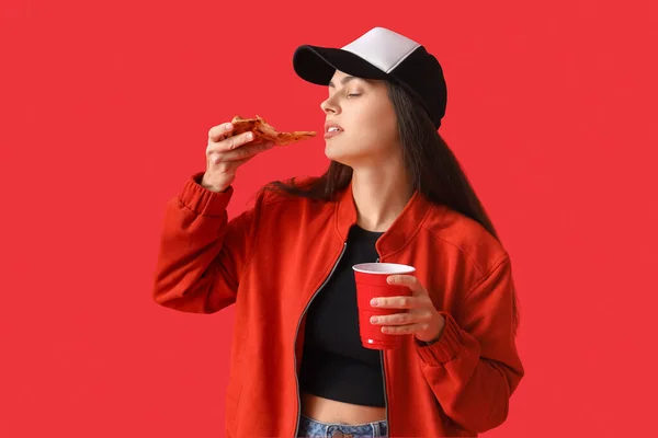Young Woman Slice Tasty Pizza Cup Red Background — Stock Photo, Image