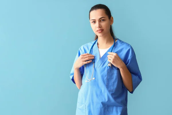 Female Doctor Stethoscope Blue Background — Stock Photo, Image