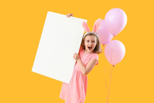 Surprised Little Girl Bunny Ears Blank Poster Balloons Yellow Background — Stock Photo, Image