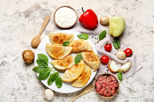 Composition Tasty Meat Empanadas Ingredients Grunge Background — Stock Photo, Image