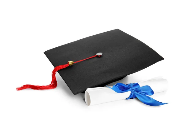 Mavi Kurdeleli Diploma Beyaz Arka Planda Izole Edilmiş Mezuniyet Şapkası — Stok fotoğraf