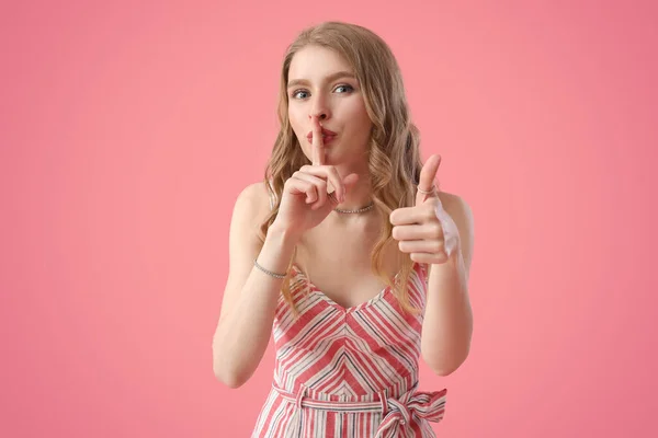 Young Woman Showing Silence Gesture Pink Background — Stock Photo, Image
