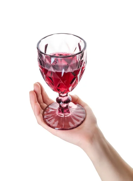 Mano Femminile Che Tiene Bicchiere Vino Rosso Isolato Sfondo Bianco — Foto Stock