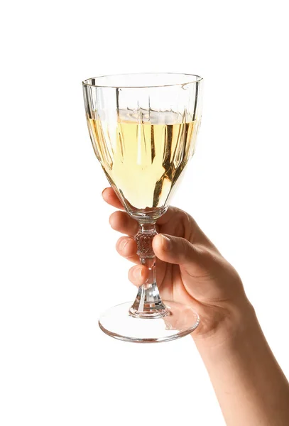 Mano Femminile Possesso Bicchiere Vino Isolato Sfondo Bianco — Foto Stock