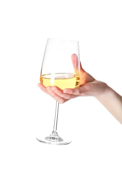 Kvinnlig Hand Innehav Glas Vin Isolerad Vit Bakgrund — Stockfoto
