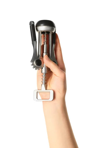 Weibliche Hand Hält Weinöffner Isoliert Auf Weißem Hintergrund — Stockfoto