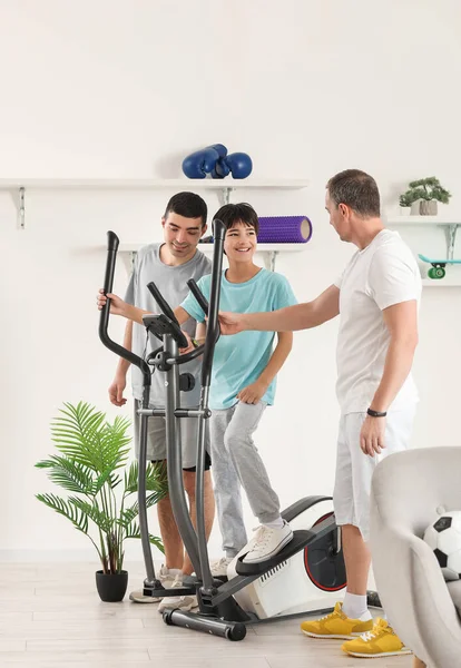 Happy Little Boy His Dad Grandfather Exercising Home — Stock Photo, Image