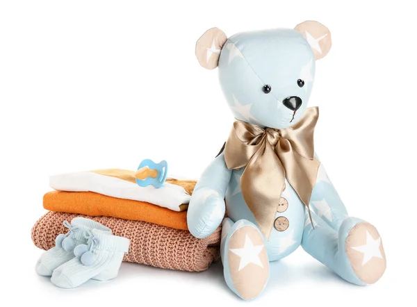 Toy Bear Baby Clothes White Background — Stock Photo, Image