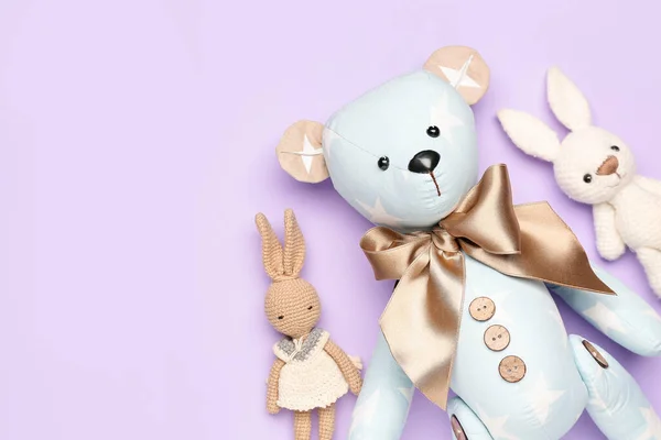Toy Bear Bunnies Lilac Background — Stock Photo, Image