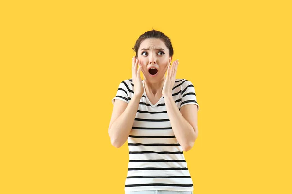 Scared Young Woman Yellow Background — Stock Photo, Image