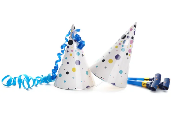 stock image Party hats with serpentine and whistles on white background