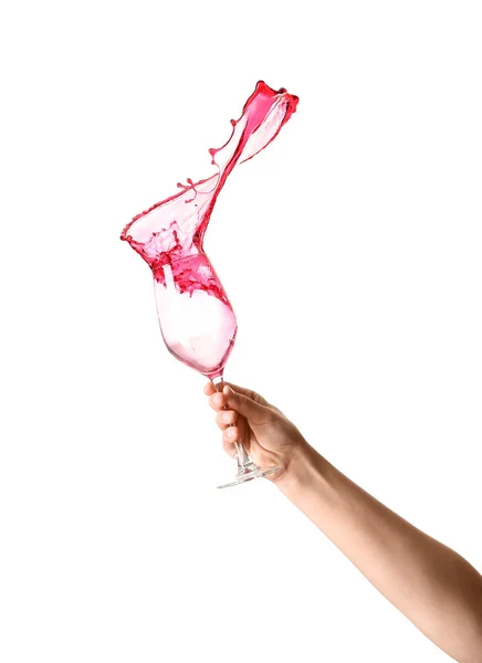 Mulher Com Copo Vinho Tinto Sobre Fundo Branco — Fotografia de Stock