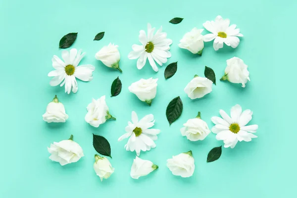 Composition White Flowers Plant Leaves Color Background — Stock Photo, Image