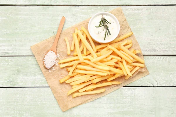 Tasty French Fries Mayonnaise Salt Green Wooden Background — Stock Photo, Image