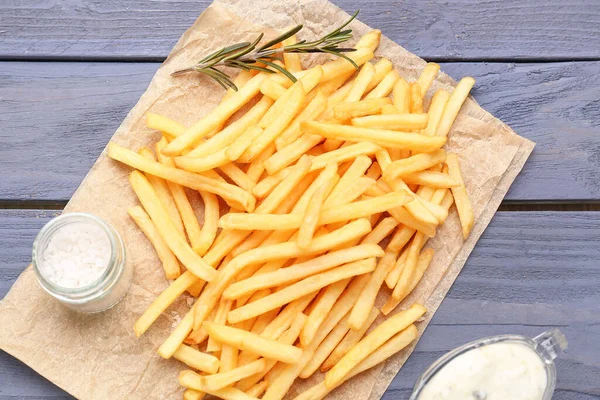 Tasty French Fries Salt Mayonnaise Blue Wooden Background — Stock Photo, Image
