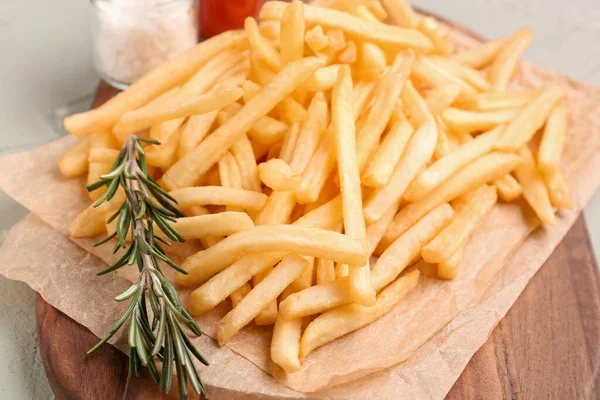Board Tasty French Fries Salt Ketchup Grey Background — Stock Photo, Image