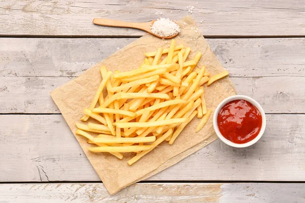 Tasty French Fries Salt Ketchup Wooden Background — Stock Photo, Image