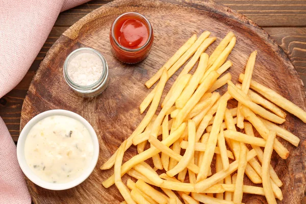 Tray Tasty French Fries Sauces Salt Wooden Background — Stock Photo, Image