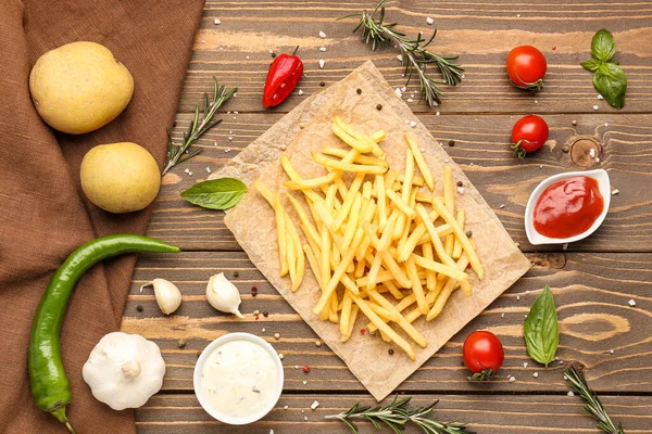 Composition Tasty French Fries Pepper Sauces Wooden Background — Stock Photo, Image