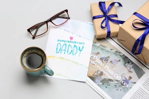 Composition Greeting Card Newspaper Eyeglasses Cup Coffee Gifts Father Day — Stock Photo, Image