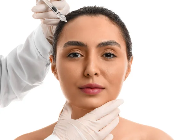 Young Woman Receiving Filler Injection Face White Background — Stock Photo, Image