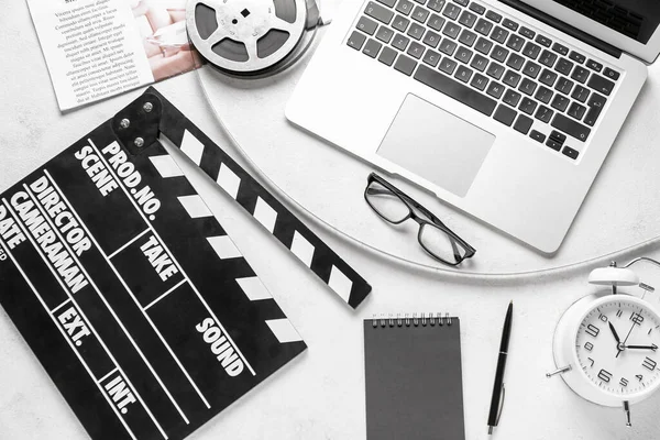 Movie Clapper Film Reel Eyeglasses Laptop White Background — Stock Photo, Image