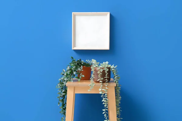 Stół Sztucznymi Roślinami Gospodarczymi Ślepą Ramą Niebieskiej Ścianie — Zdjęcie stockowe
