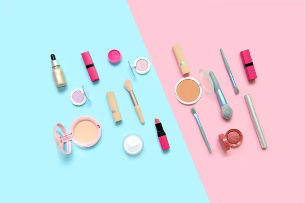 Decorative Cosmetics Makeup Brushes Blue Pink Background — Stock Photo, Image