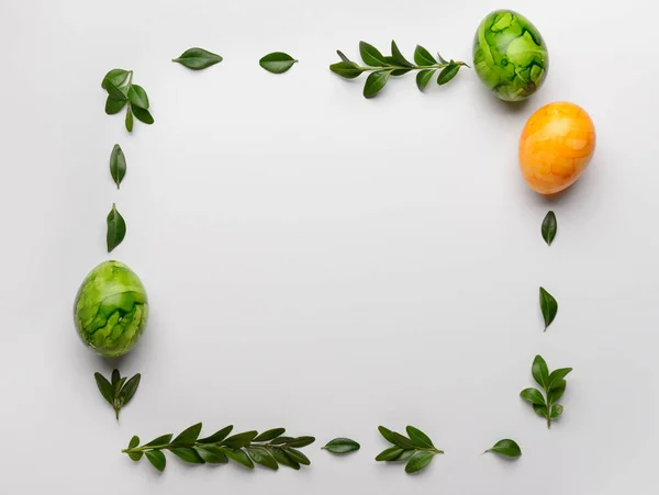 白い背景にイースターエッグと植物の葉で作られたフレーム — ストック写真