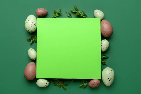 Blank Greeting Card Easter Eggs Plant Leaves Green Background — Stock Photo, Image
