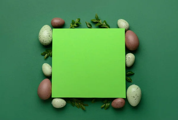 Blank Greeting Card Easter Eggs Plant Leaves Green Background — Stock Photo, Image