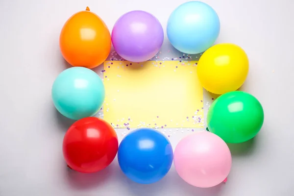 Frame Made Colorful Balloons Serpentine Blank Paper Sheet Grey Background — Stock Photo, Image
