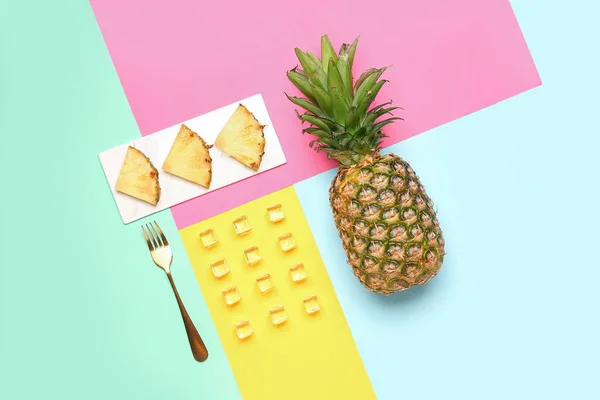 Composition Pineapple Ice Cubes Colorful Background — Stock Photo, Image
