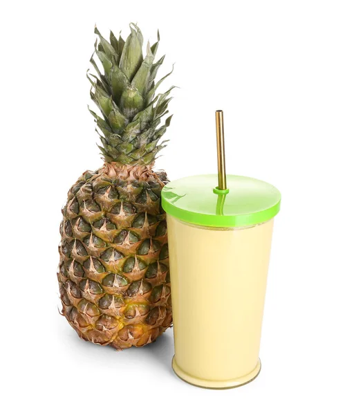 Glass Tasty Smoothie Pineapple Straw White Background — Stock Photo, Image