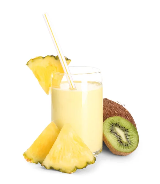 Glass Tasty Pineapple Smoothie Straw Kiwi White Background — Stock Photo, Image