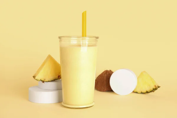 Glass Tasty Pineapple Smoothie Straw Coconut Yellow Background — Stock Photo, Image