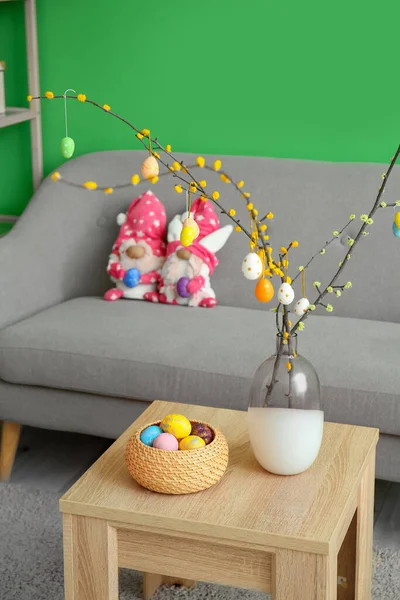 Vase Tree Branches Easter Eggs Table Living Room — Stock Photo, Image
