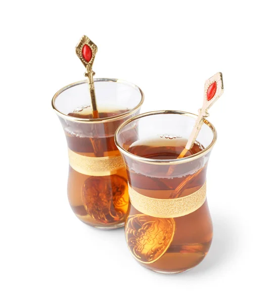 Glass Cups Turkish Tea White Background – stockfoto
