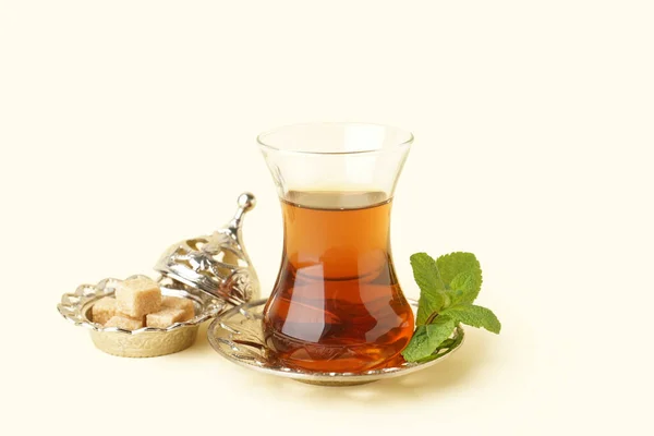 Glass Cup Turkish Tea Mint Beige Background — Stock Photo, Image