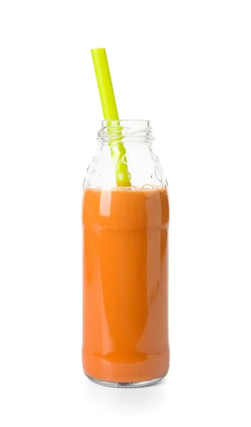 Glass Bottle Tasty Orange Smoothie Straw White Background — Stock Photo, Image