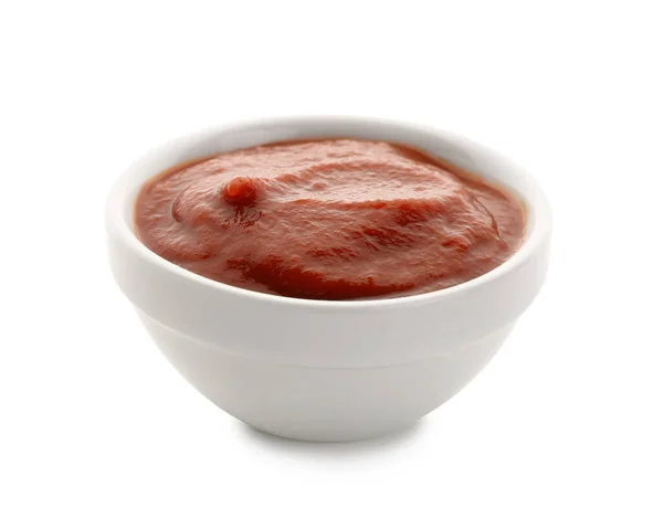 Skål Med Välsmakande Tomat Pasta Vit Bakgrund — Stockfoto