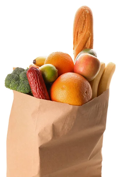 Paper Bag Vegetables Fruits Bread White Background — Stock Photo, Image