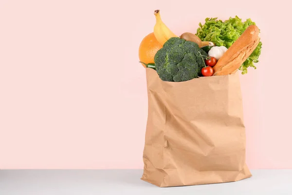 Paper Bag Vegetables Fruits Pink Background — Stock Photo, Image