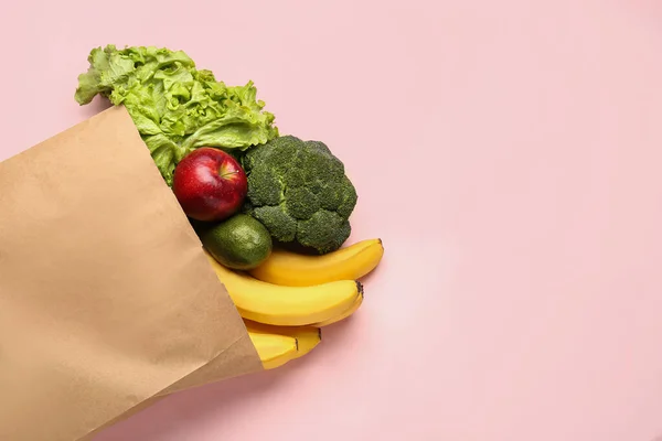Paper Bag Vegetables Fruits Pink Background — Stock Photo, Image