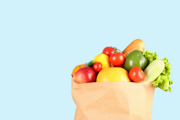 Paper Bag Vegetables Fruits Light Blue Background — Stock Photo, Image