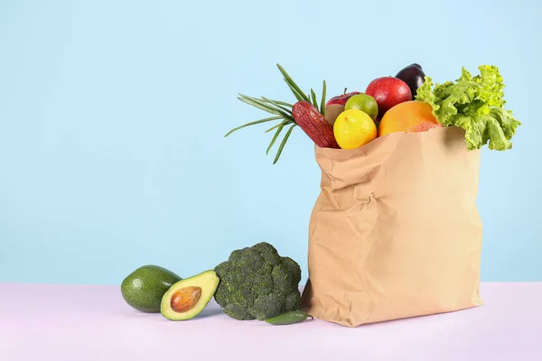 Paper Bag Vegetables Fruits Sausage Table — Stock Photo, Image