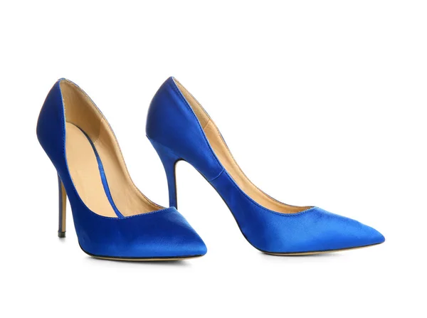 Paar Blaue Schuhe Mit Hohen Absätzen Auf Weißem Hintergrund — Stockfoto