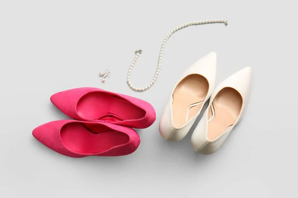 Stylish High Heeled Shoes Jewellery Light Background — Stock Photo, Image